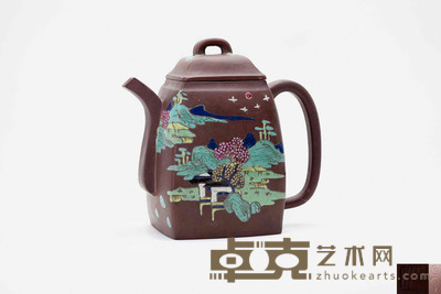 荆溪徐飞龙制加彩山水纹汉方壶 宽:19厘米 高:19厘米