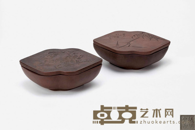 岩如刻山水翠竹诗文调色盒(一对) 长:16厘米 宽:10.5厘米 高:5.5厘米