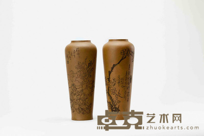 幹庭刻花卉诗文赏瓶(一对) 直径:8.5厘米 高:21.5厘米