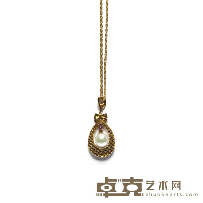 金镶宝石缀珍珠项链 坠长3.2厘米 宽2厘米