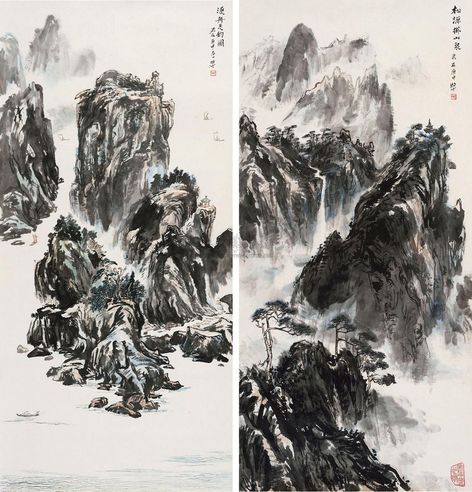 吴光华 水墨山水 （一组四件） 长轴