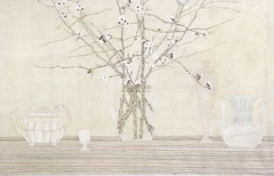 高茜 2001年作 条纹桌布和白色花瓶