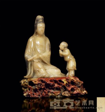 清早期 芙蓉石雕童子拜观音像 高18.1cm