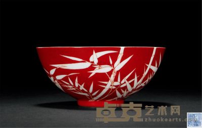 清乾隆 矾红留白竹纹碗 直径12cm