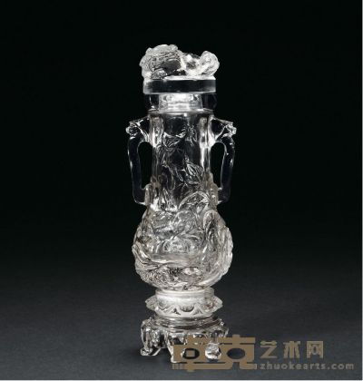 清 水晶雕花卉纹狮钮盖瓶 高17.8cm