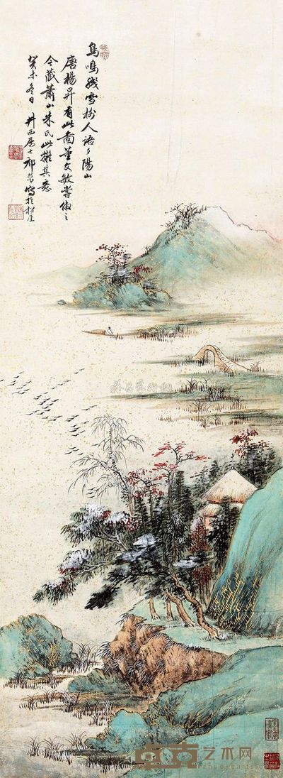 祁崑 1943年作 峒关蒲雪图 立轴 65×35cm