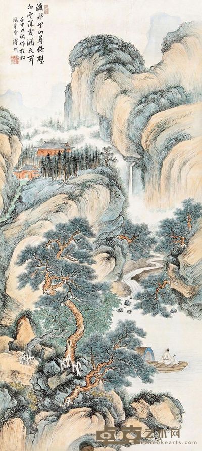 溥伒 1932年作 松溪停桡图 镜心 111×50cm