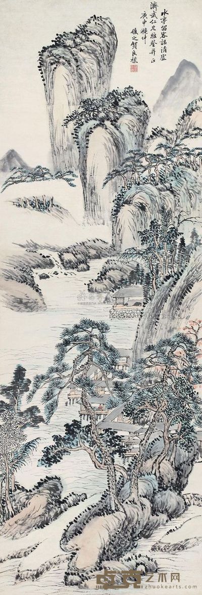 贺良朴 1920年作 水亭留客话清虚 立轴 150×51cm