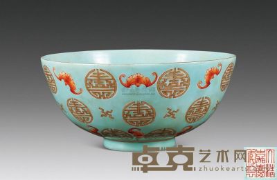 民国 蓝地红彩福寿碗 直径21.5cm