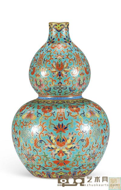 清道光 松石绿地矾红粉彩宝相花纹葫芦瓶 口径3.1cm;高26.4cm