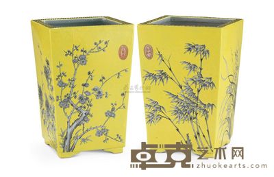 清光绪 「大雅斋」款黄地墨彩四君子方盆 (一对) 长19.9cm;宽19.9cm;高29.8cm