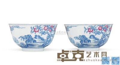 清道光 蓝彩胭脂红江崖福寿纹碗 (一对) 口径10.7cm;高5.8cm
