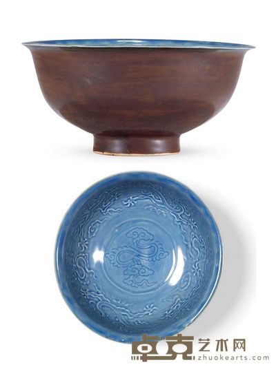 明洪武 外酱釉内蓝釉印花云龙纹大碗 口径20.0cm;高9.6cm