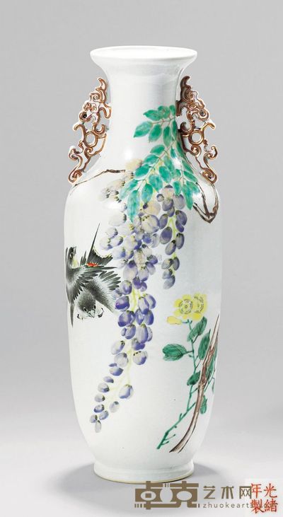 金品卿 浅绛彩花鸟纹双耳瓶 高37.0cm