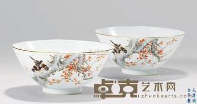 金品卿 浅绛彩鸟枝纹瓷碗 (一对) 直径15.0cm;高6.6cm×2