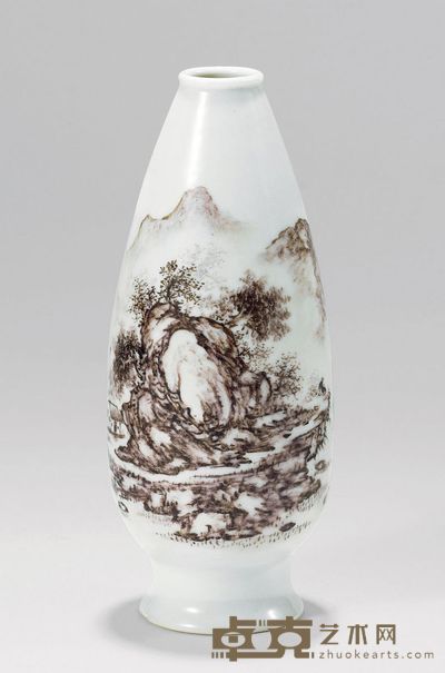 汪小亭 山水纹瓷瓶 高14.3cm