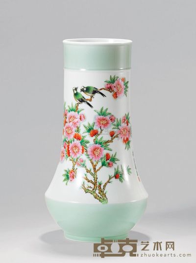 徐亚凤 粉彩水点桃花双鸟瓶 高42.0cm