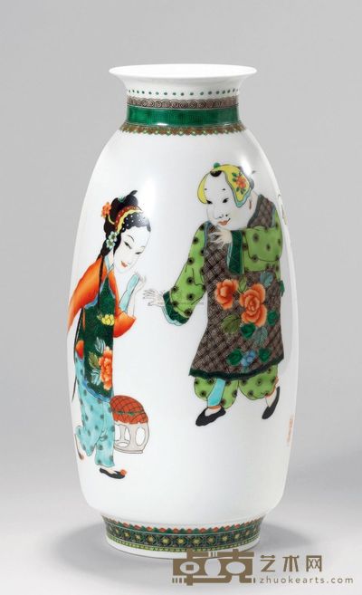 江华彬 古彩人物「拾玉镯」瓷瓶 高42.9cm