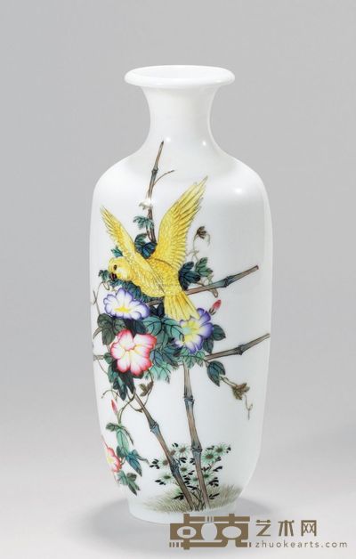 蒋侄荣 粉彩「鹦鹉」瓷瓶 高28.0cm