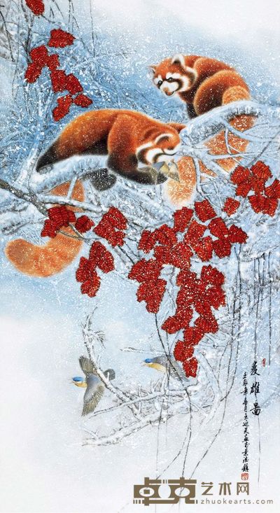 王延天 釉上新粉彩「双雄图」瓷板 80.0×43.0cm