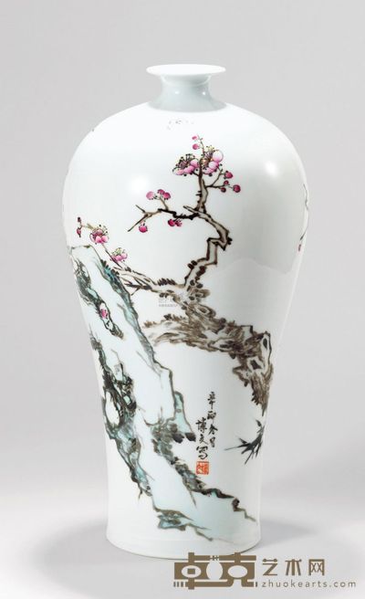 田博文 粉彩「梅开五福」瓷瓶 高49.0cm