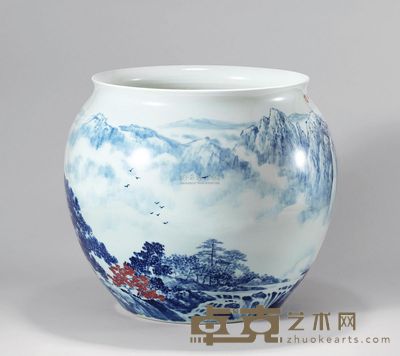 余效团 釉下彩青花五彩山水瓶 高44.0cm