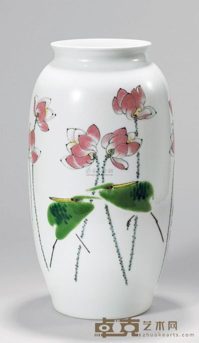 姚慧云 高温色釉「莲趣图」瓷瓶 高40.5cm