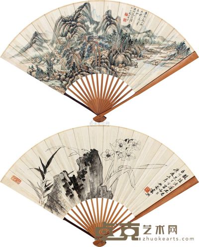 张石园 袁樊 1940年作 层林尽染?孤石水仙 成扇 19×46cm