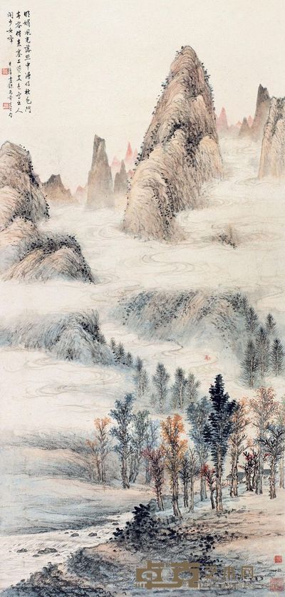 黄君璧 少女峰秋色图 镜片 118×56cm