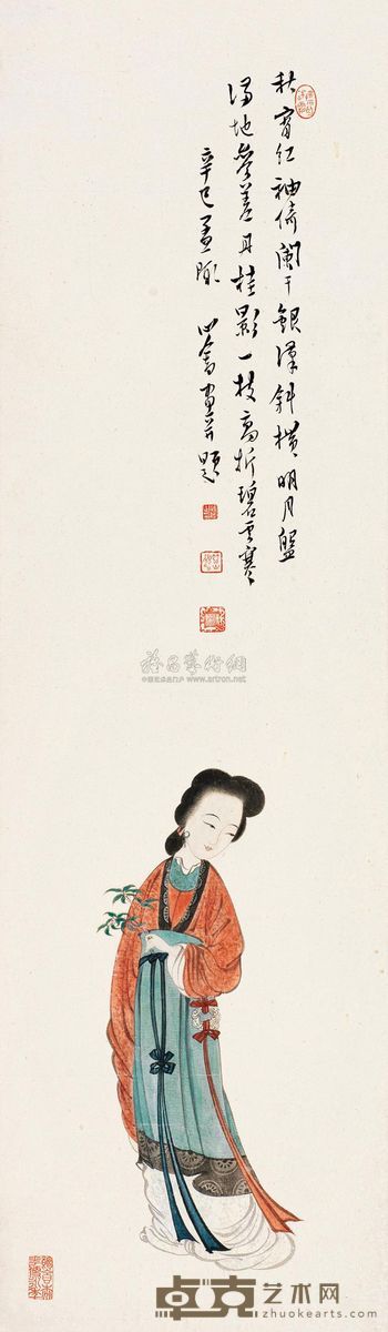 溥儒 1941年作 红袖凭栏 镜片 95×28cm