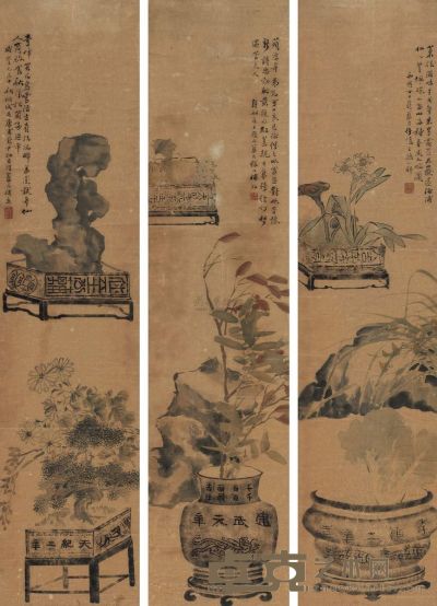 丁文蔚 1859年作 博古 （三帧） 镜片 132×31cm×3