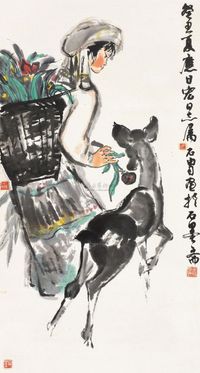 石胄 1973年作 少女与鹿 立轴