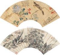 王武 汤雨生 1825年作 雀啼秋菊 孤舟寻句 （二帧） 扇片