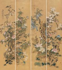 王秉尧 1919年作 花卉 立轴 四屏