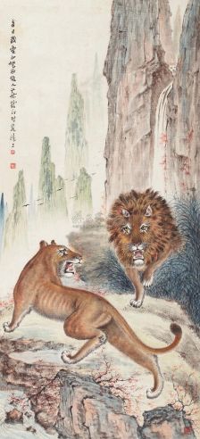 蔡鹤汀 辛巳（1941年）作 双狮图 立轴