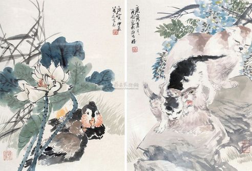 王茂飞 庚寅（2010年）作 猫戏图 荷花鸳鸯 镜心