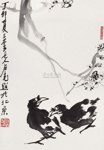 卢光照 丁卯（1987年）作 梅雀图 镜心