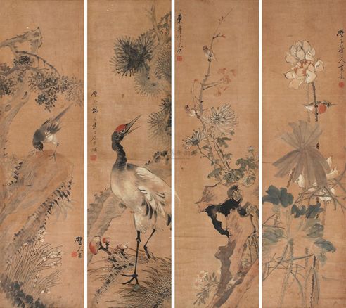 韩璋 花鸟 四屏立轴