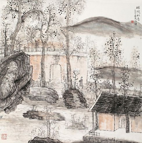 林海钟 辛巳（2001年）作 禅院秋意 立轴