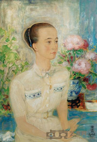 黎谱 牡丹花丛里的美人 58×40cm
