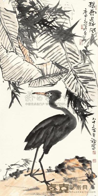 李苦禅 1980年作 绿雨遇斜风 镜框 138.2×69.4cm