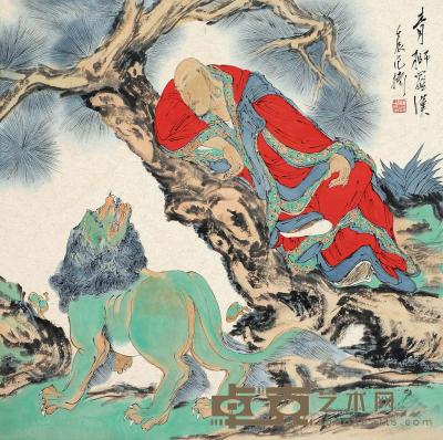 范扬 壬辰（2012）年作 青狮罗汉 镜片 49.5×49.5cm