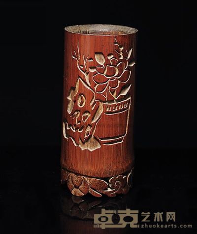 张有京?竹雕花卉、诗文笔筒 高14.5cm;口径6.5cm