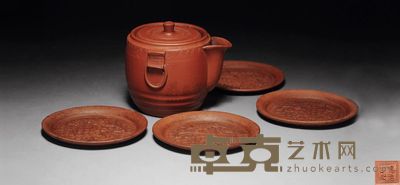 喜鹊登梅杯托四件一组、无把壶一只 杯托8×8.5×0.8cm