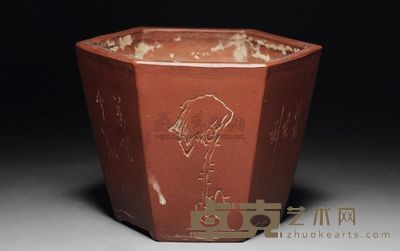 六角形刻花卉、诗词紫砂花盆 10.6×10.6×9cm