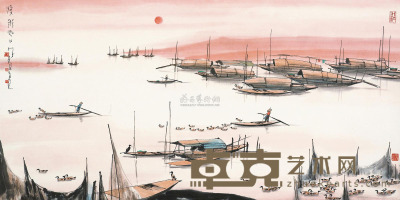 杨明义 渔乡旭日 镜片 48.5×96.5cm