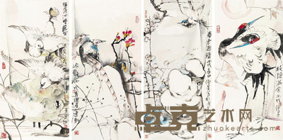 高德星 花鸟 镜片 四屏 34×69cm×4