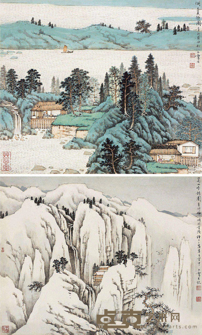 宋玉麟 湖上夏趣图 嵩山冬韵图 日本镜片 45×53cm×2