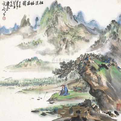 萧平 松溪钓翁图 立轴 69×69cm