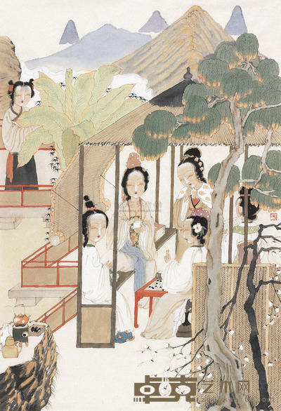 于水 仕女下棋 镜片 70×47cm